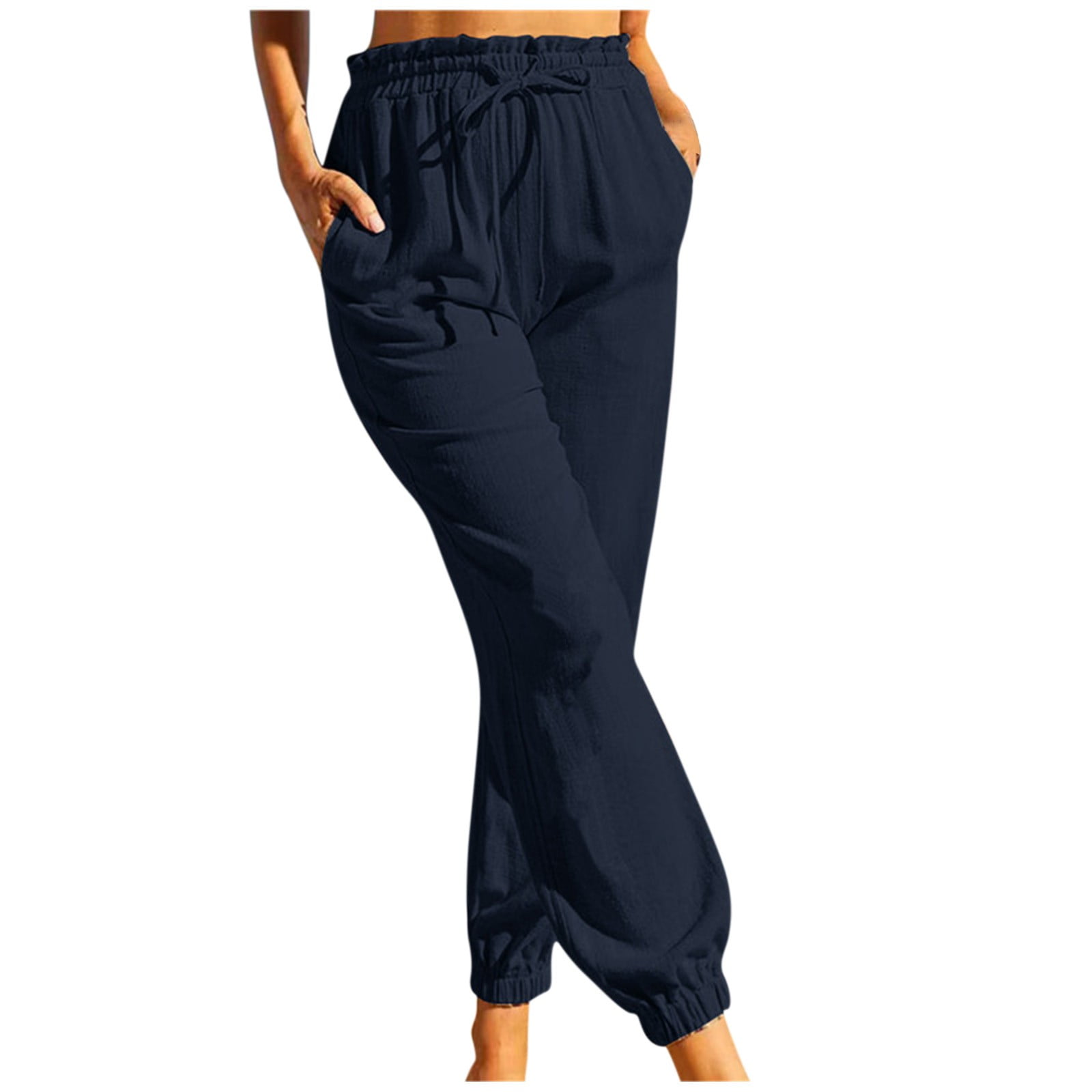 HTNBO Cotton Linen Pants for Women Summer Casual Solid Loose Wide Leg  Elastic High Waist Trouser with Pockets 