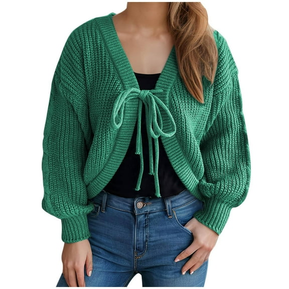 HTNBO Womens Cardigan Sweaters Open Front Tie Front Long Sleeve Ribbed Knit Cropped Shrugs Fall Loose Trendy Sweater Tops