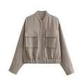 thumbnail image 1 of HTNBO Womens Cropped Bomber Jacket Button Down Varsity Jackets Shackets With Pockets, 1 of 6