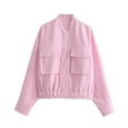 thumbnail image 1 of HTNBO Womens Cropped Bomber Jacket Button Down Varsity Jackets Shackets With Pockets, 1 of 6