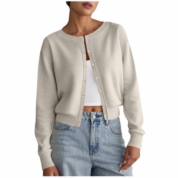 HTNBO Womens Cropped Cardigan Sweaters Crew Neck Long Sleeve Button Up Sweaters Lightweight Knit Trendy Casual Coats