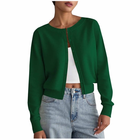 HTNBO Womens Cropped Cardigan Sweaters Crew Neck Long Sleeve Button Up Sweaters Lightweight Knit Trendy Casual Coats