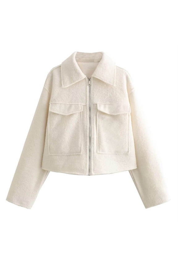 Womens Cropped Jacket Fall Fashion Zip up Coats Lapel Collar Crop Casual Jackets Outerwear with Pockets