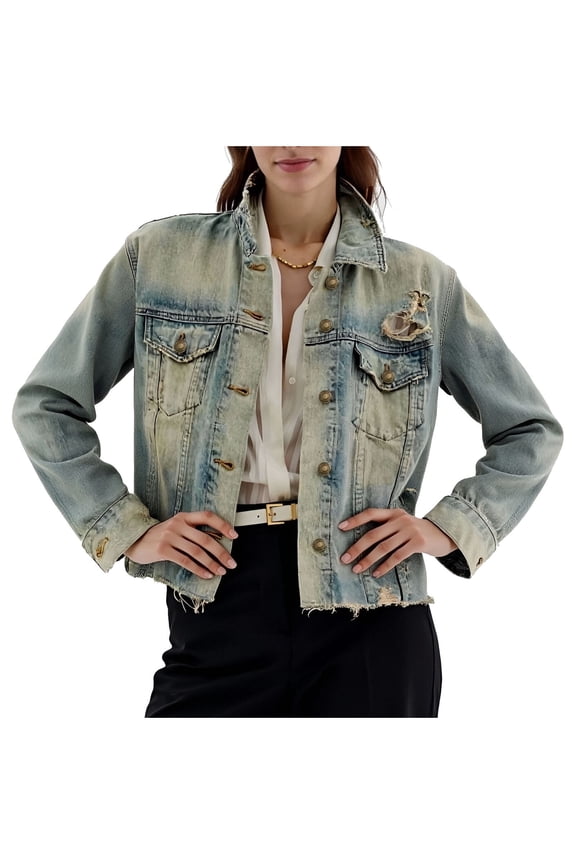 Womens Denim Jacket Retro Long Sleeve Button Down Classic Distressed Casual Cropped Jean Jackets