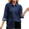 thumbnail image 1 of HTNBO Womens Denim Shirt Business Casual Button Down Work Blouses Puff Sleeve Summer Tops, 1 of 7