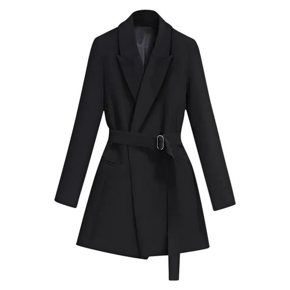 HTNBO Womens Dressy Blazer Dress Casual Elegant Long Sleeve Lapel Formal Work Office Long Suit Strappy Belt Coat Jackets