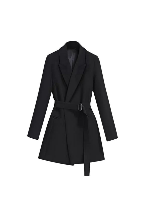 Womens Dressy Blazer Dress Casual Elegant Long Sleeve Lapel Formal Work Office Long Suit Strappy Belt Coat Jackets