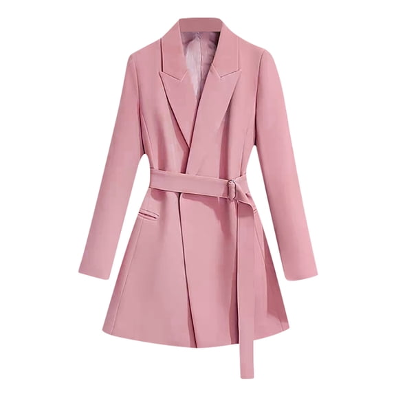 HTNBO Womens Dressy Blazer Dress Casual Elegant Long Sleeve Lapel Formal Work Office Long Suit Strappy Belt Coat Jackets