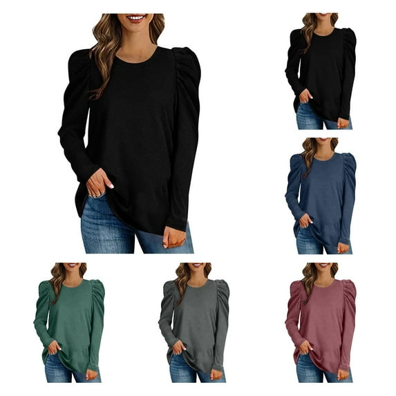 HTNBO Womens Dressy Casual Tops Crewneck Cute Long Sleeve Shirts Puff Sleeve Tunic Tops