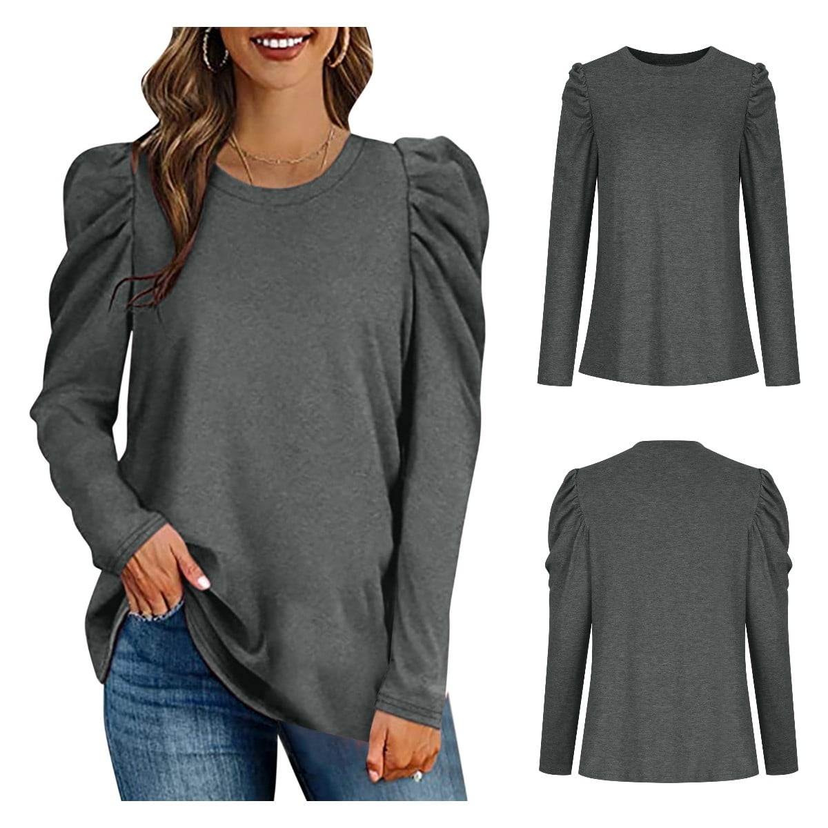HTNBO Womens Dressy Casual Tops Crewneck Cute Long Sleeve Shirts Puff