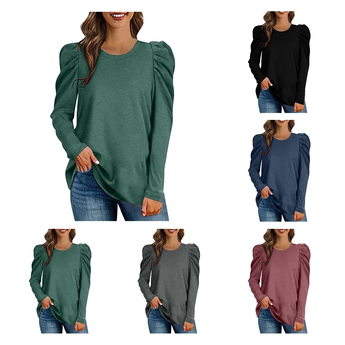 HTNBO Womens Dressy Casual Tops Crewneck Cute Long Sleeve Shirts Puff