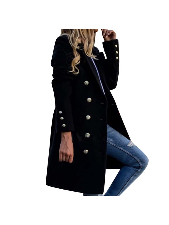 Womens Fall Winter Wool Coats Double Breasted Midi Peacoat Trench Coats