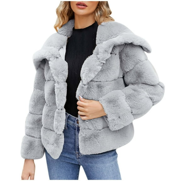 HTNBO Womens Faux Fur Coat Fleece Cropped Jacket Long Sleeve Fur Coats Warm Winter Jackets