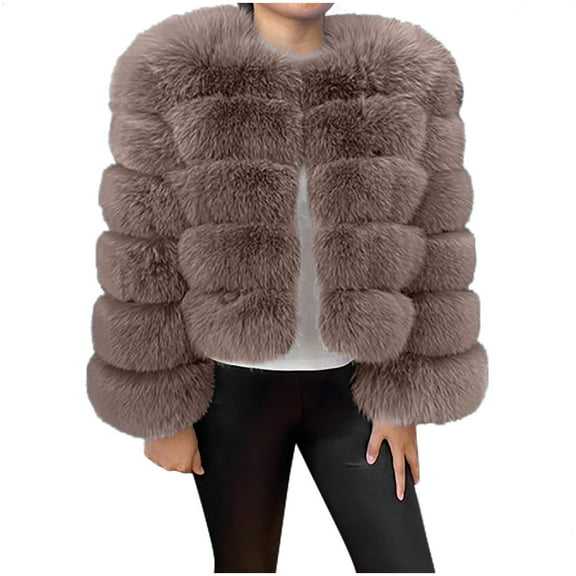HTNBO Womens Faux Fur Coat Jacket Long Sleeve Shaggy Jacket Hooded Warm Winter Coat Fuzzy Crop Tops Zipper Outwear