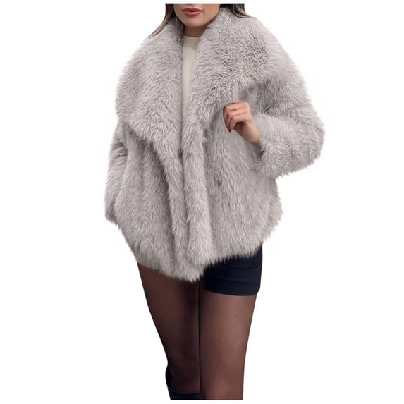 HTNBO Womens Faux Fur Coat Lapel Open Front Fluffy Shaggy Jacket Winter Warm Furry Overcoat