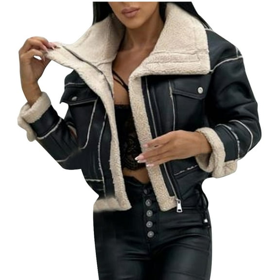 HTNBO Womens Faux-Leather Jackets Winter Sherpa Fleece CoatFashion Cropped Zip Up Motorcycle Jacket Short Outerwear