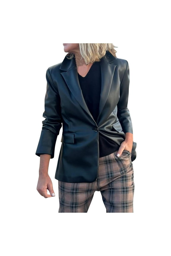 Womens Faux Leather Long Vegan Leather Blazer Black Cool Buttons Jacket