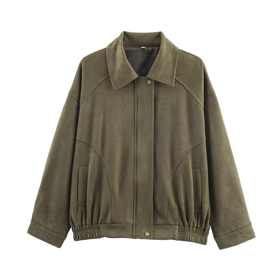 HTNBO Womens Faux Suede Bomber Jacket Casual Lapel Pilot Cropped Coat Oversized Long Sleeve Zip Up Jacket Outerwear