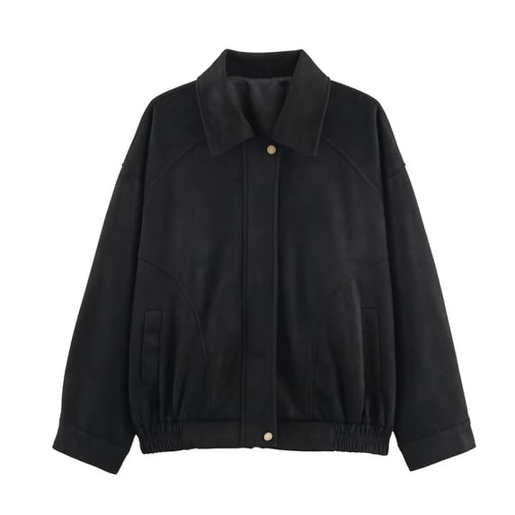 HTNBO Womens Faux Suede Bomber Jacket Casual Lapel Pilot Cropped Coat Oversized Long Sleeve Zip Up Jacket Outerwear