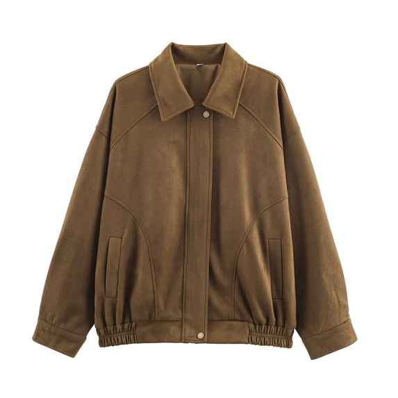 HTNBO Womens Faux Suede Bomber Jacket Casual Lapel Pilot Cropped Coat Oversized Long Sleeve Zip Up Jacket Outerwear