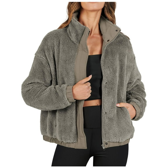 HTNBO Womens Fleece Jacket Casual Long Sleeve Cropped Sherpa Button Down Fuzzy Warm Coats Fall Outwear With Pockets