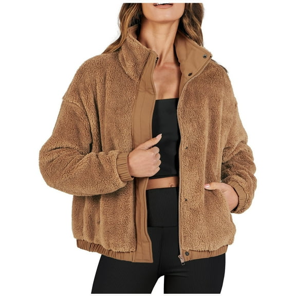 HTNBO Womens Fleece Jacket Casual Long Sleeve Cropped Sherpa Button Down Fuzzy Warm Coats Fall Outwear With Pockets