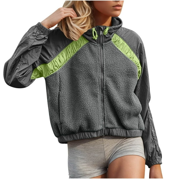 HTNBO Womens Fleece Jacket Zip Up Long Sleeve Patchwork Fall Winter Sherpa Coats Activewear