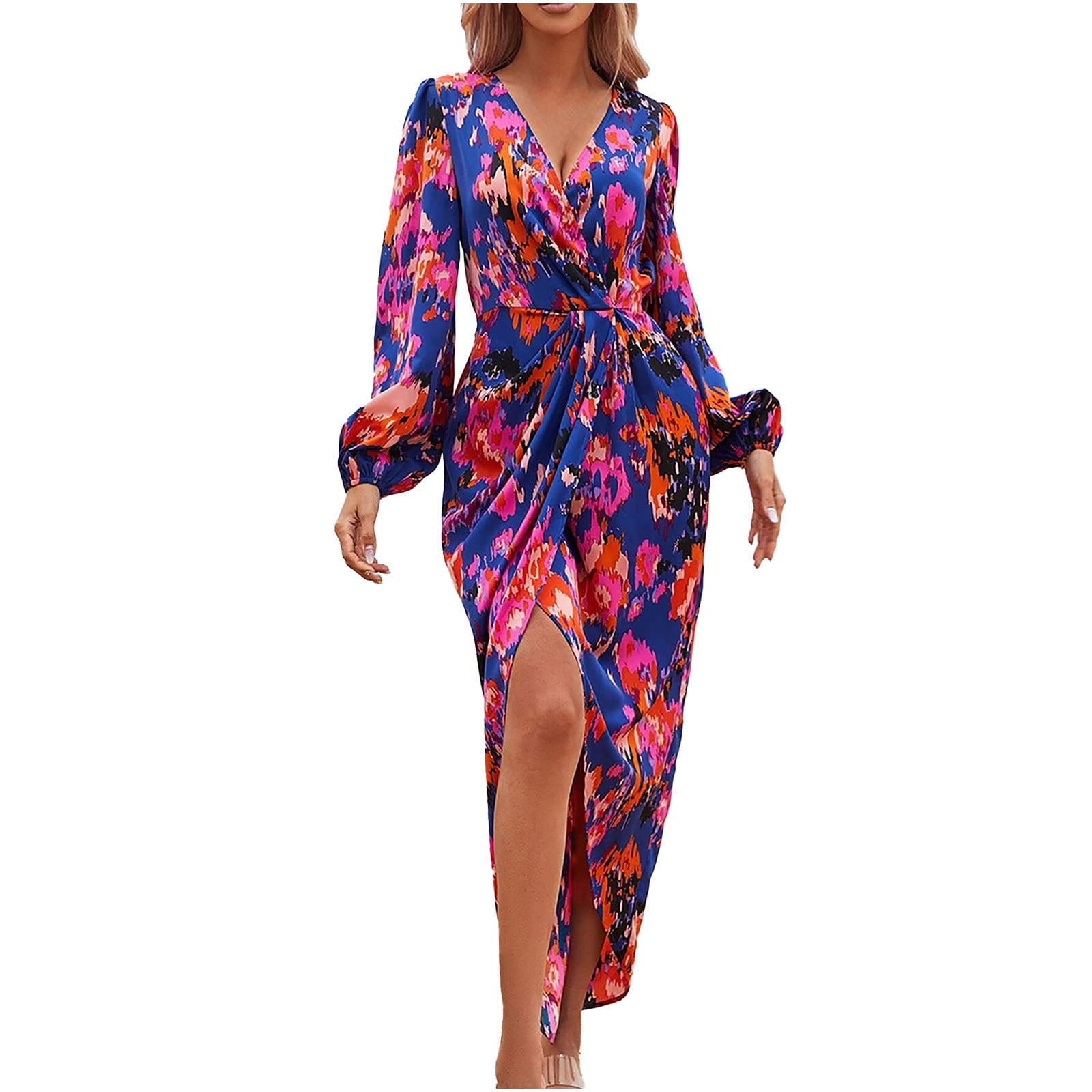 HTNBO Womens Floral Maxi Dresses Long Sleeve V Neck Casual