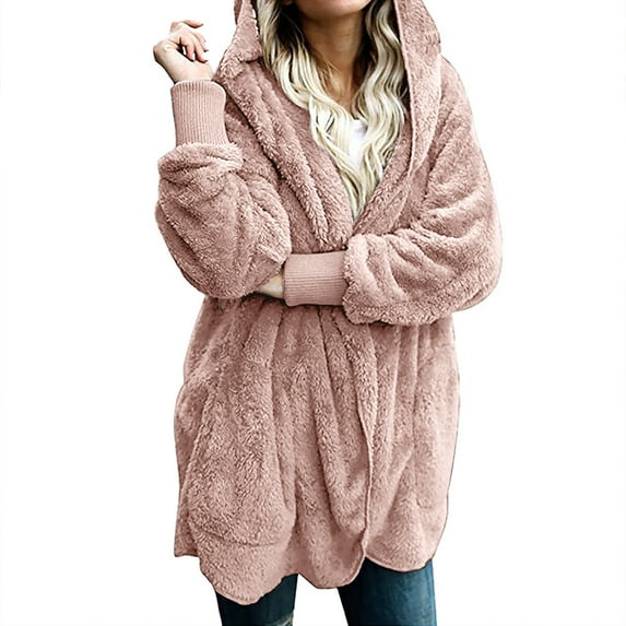HTNBO Womens Fuzzy Jacket Long Sleeve Sherpa Coat Open Front Hooded Cardigan Coats Outwear