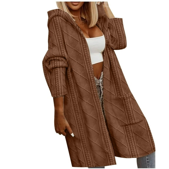 HTNBO Womens Long Cardigans Solid Color Cable Knitted Open Front Hooded Outerwear Oversized Long Sleeve Sweater Coat
