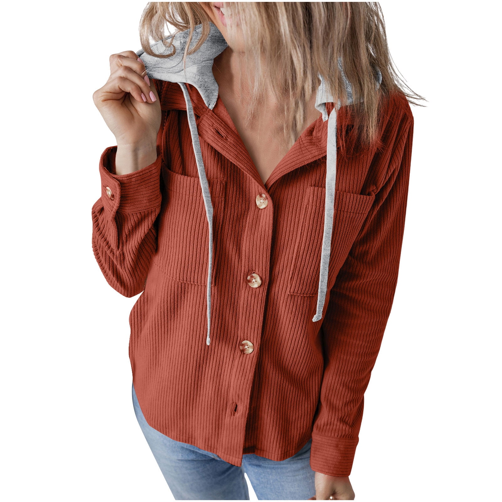 HTNBO Womens Long Sleeve Button Down Corduroy Shacket Jacket Casual ...
