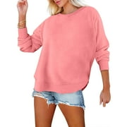 HTNBO Womens Oversized Crewneck Sweatshirts Long Sleeve Side Slits Casual Pullover Sweatshirt Tops