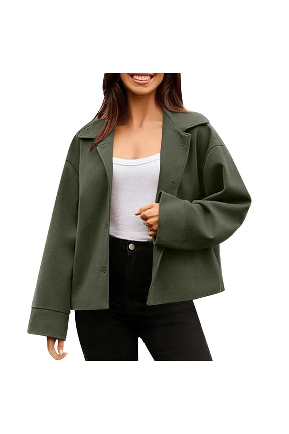 Womens Oversized Cropped Wool Blend Jackets Casual Notch Lapel Single-Breasted Pea Coats Cardigan Fall Outerwear