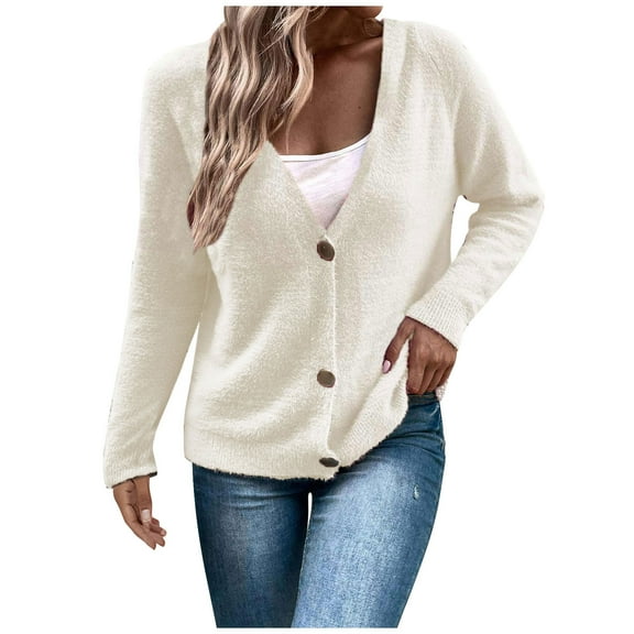 HTNBO Womens Oversized Cute Fluffy Lightweight Cardigans Fall Ribbed Knit V Neck Button Long Sleeve Sweater Cardigan