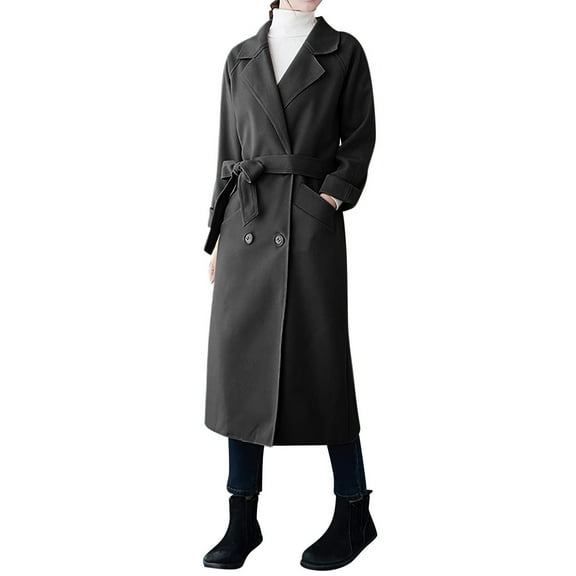 HTNBO Womens Oversized Long Trench Coat Double Breasted Notch Lapel Wool Blend Coats Windproof Jackets Overcoat with Belt