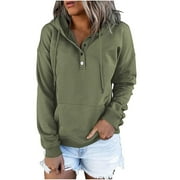 HTNBO Hoodies For Women Button Collar Long Sleeve Pullover Tops Drawstring Hooded Sweatshirts Fall Fashion Outfits