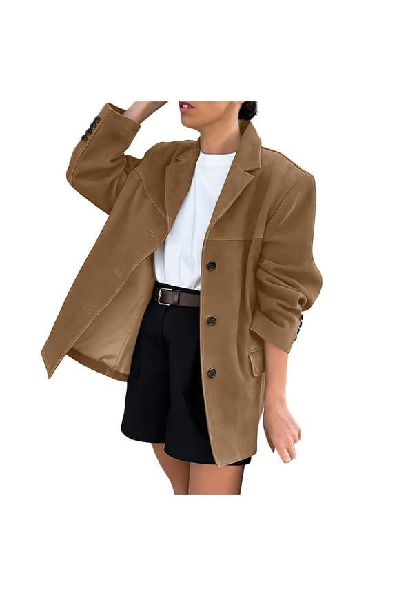 Womens Spring Suede Blazer Jacket Y2k Outerwear Brown Aesthetic Faux Leather Jacket Fall Trendy Fashion Coat