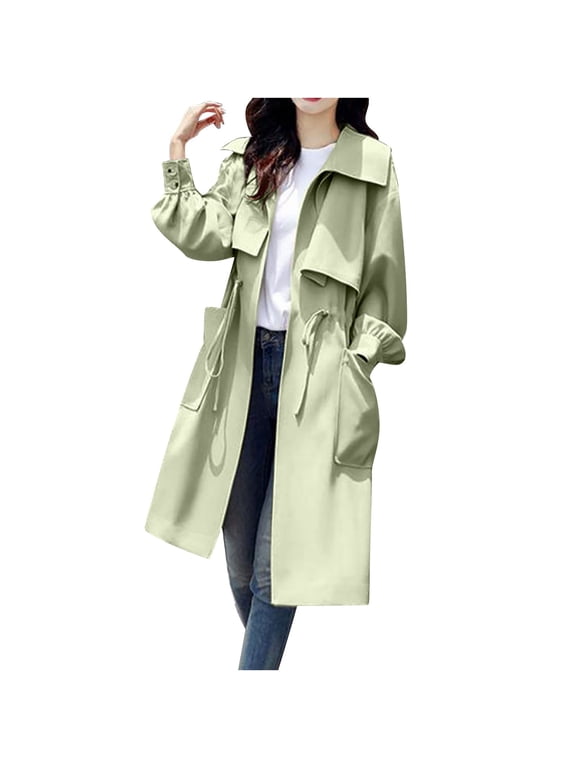 Womens Trench Coat Casual Loose Classic Lapel Drawstring Waist Fall Winter Oversized Windbreaker Overcoat Outwear Jacket
