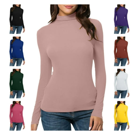 HTNBO Womens Turtle Neck Blouse Casual Winter Fall Spring Long Sleeve Tunic Tops Juniors Turtleneck Solid Slim Fit Shirts Fall Winter Sa>vings