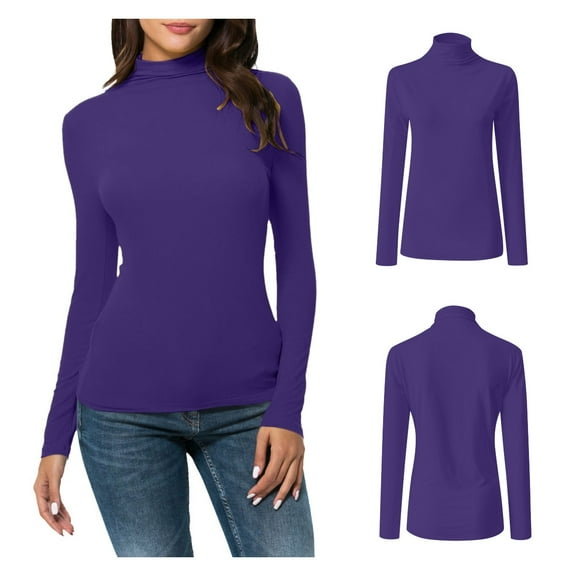 HTNBO Womens Turtle Neck Blouse Casual Winter Fall Spring Long Sleeve Tunic Tops Juniors Turtleneck Solid Slim Fit Shirts Purple XXL