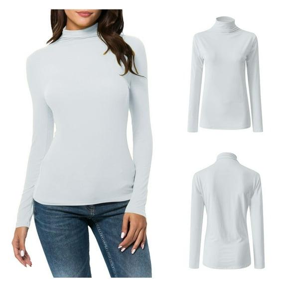 HTNBO Womens Turtle Neck Blouse Casual Winter Fall Spring Long Sleeve Tunic Tops Juniors Turtleneck Solid Slim Fit Shirts White L