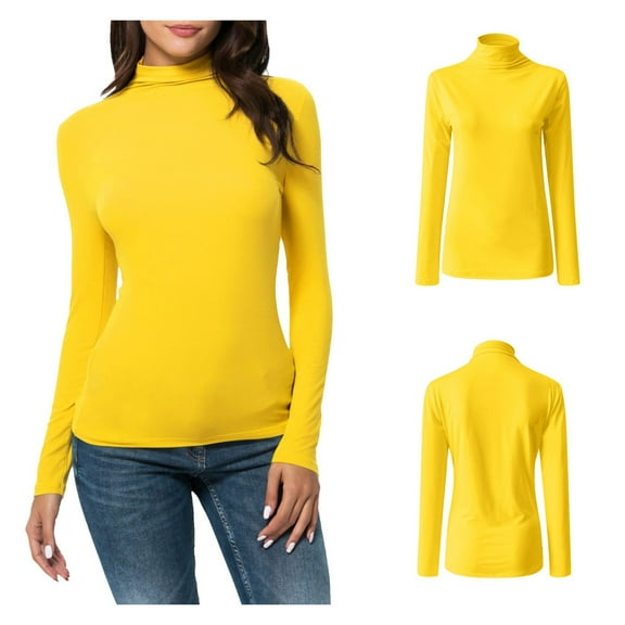 HTNBO Womens Turtle Neck Blouse Casual Winter Fall Spring Long Sleeve Tunic Tops Juniors Turtleneck Solid Slim Fit Shirts Yellow XXL