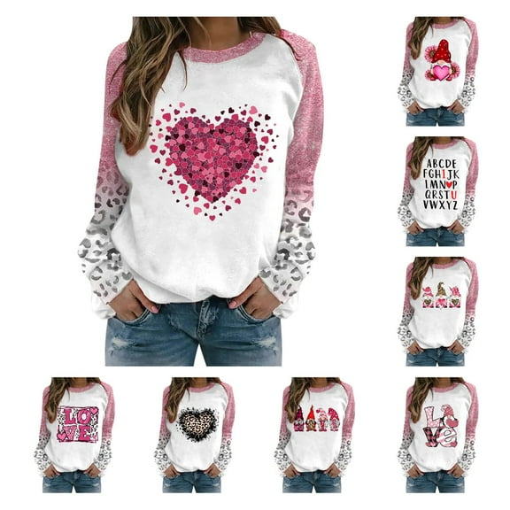 HTNBO Womens Valentine's Day Crewneck Sweatshirts with No Hood Plus Size Love Heart Printed Pullover Tops with Leopard Patchwork Sleeve