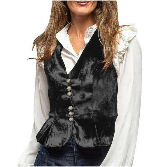 HTNBO Womens Velvet Vest V Neck Top Vintage Sleeveless Jacket Waistcoat Outerwear