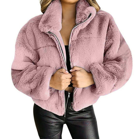 HTNBO Womens Winter Coats Fleece Cropped Zip Up Jacket Faux-Fur Long Sleeve Shaggy Warm Outerwear Petite Fall Clothes