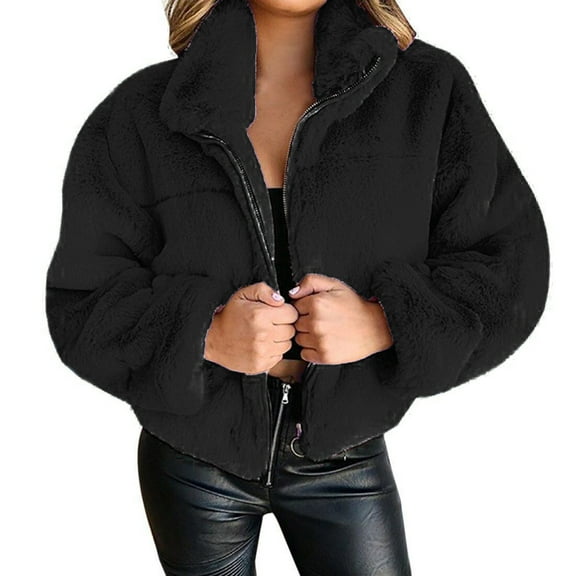 HTNBO Womens Winter Coats Fleece Cropped Zip Up Jacket Faux-Fur Long Sleeve Shaggy Warm Outerwear Petite Fall Clothes