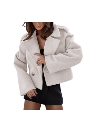 Womens Wool Blend Cropped Trench Coat Fall Winter Pea Coat Double Breasted Blazer Jackets Fashion Coat
