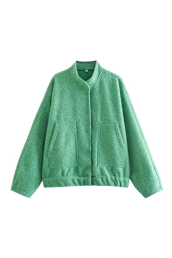 Womens Wool Blend Jacket Oversized Bomber Jacket Casual Stand Collar Button Down Varsity Shacket Coat Outerwear