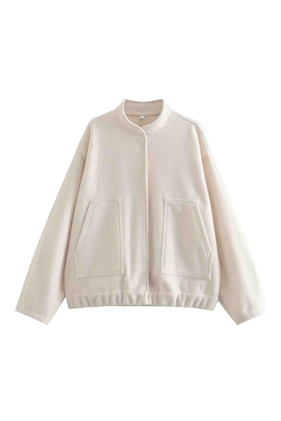 Womens Wool Blend Jacket Oversized Bomber Jacket Casual Stand Collar Button Down Varsity Shacket Coat Outerwear