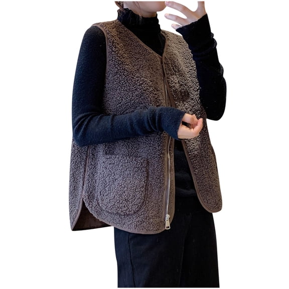 HTNBO Womens Wool Vests Fall Winter Warm Fuzzy Faux Shearling Vest Sleeveless Fleece Jacket Pockets Teddy Coat Gilet
